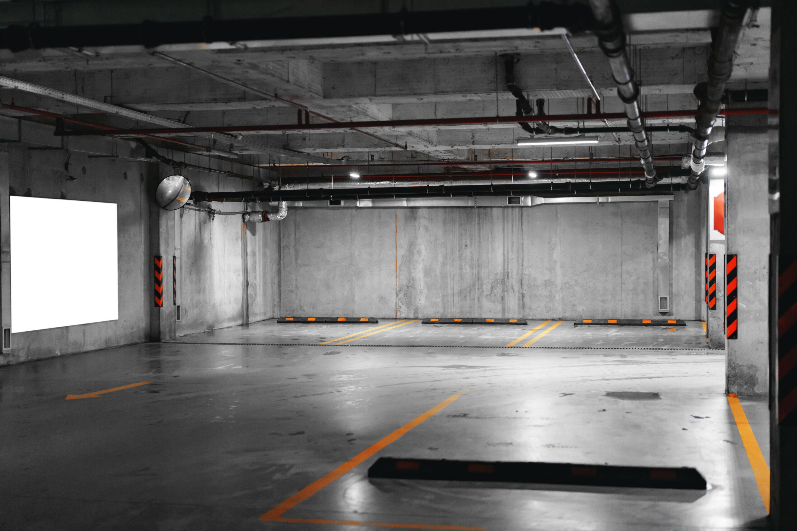 Underground car parking in the shopping center, no people